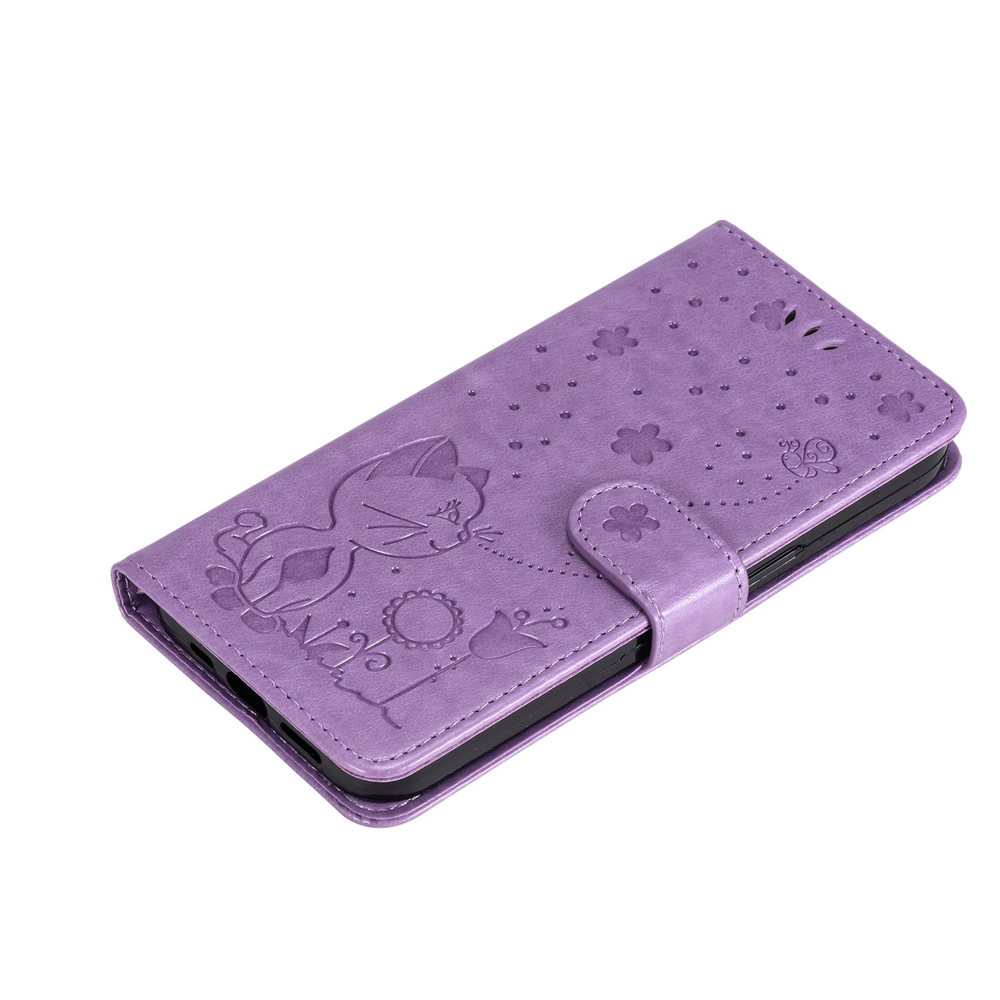 KT Imprinting Flower Series-4 For Samsung Galaxy A16 5G / A16 4G Case Cat Bee Pattern Flip Leather Phone Cover - Light Purple