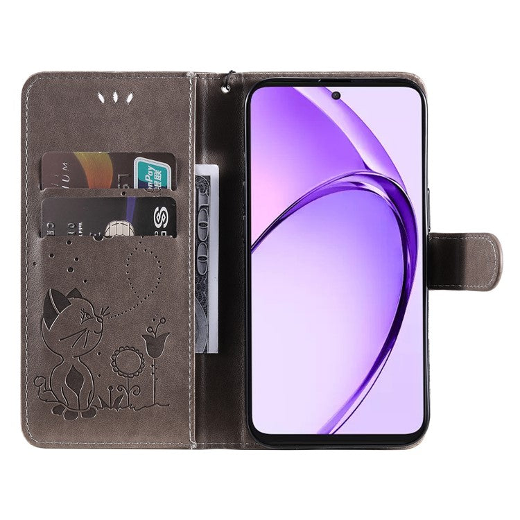 KT Imprinting Flower Series-4 For Oppo A3 Pro (Global) 5G Case Cat Bee Pattern Flip Leather Phone Cover - Grey