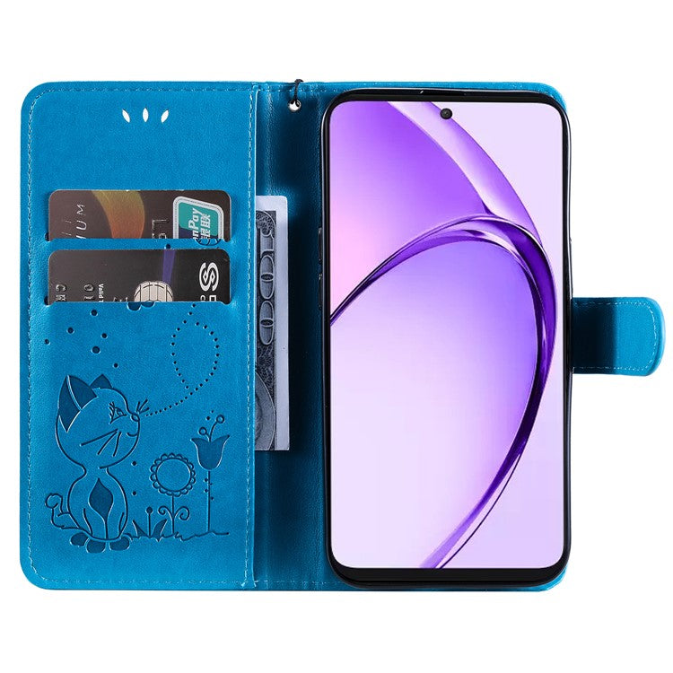 KT Imprinting Flower Series-4 For Oppo A3 Pro (Global) 5G Case Cat Bee Pattern Flip Leather Phone Cover - Blue