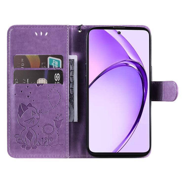 KT Imprinting Flower Series-4 For Oppo A3 Pro (Global) 5G Case Cat Bee Pattern Flip Leather Phone Cover - Light Purple