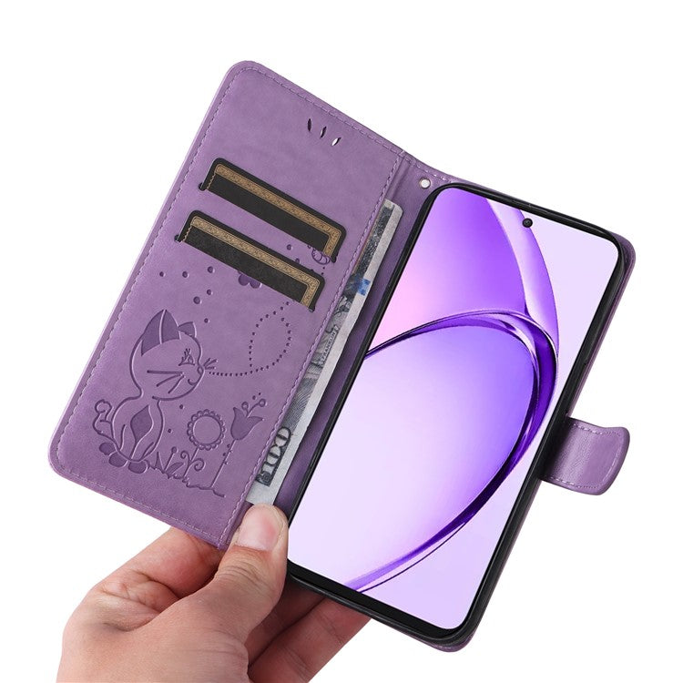 KT Imprinting Flower Series-4 For Oppo A3 Pro (Global) 5G Case Cat Bee Pattern Flip Leather Phone Cover - Light Purple