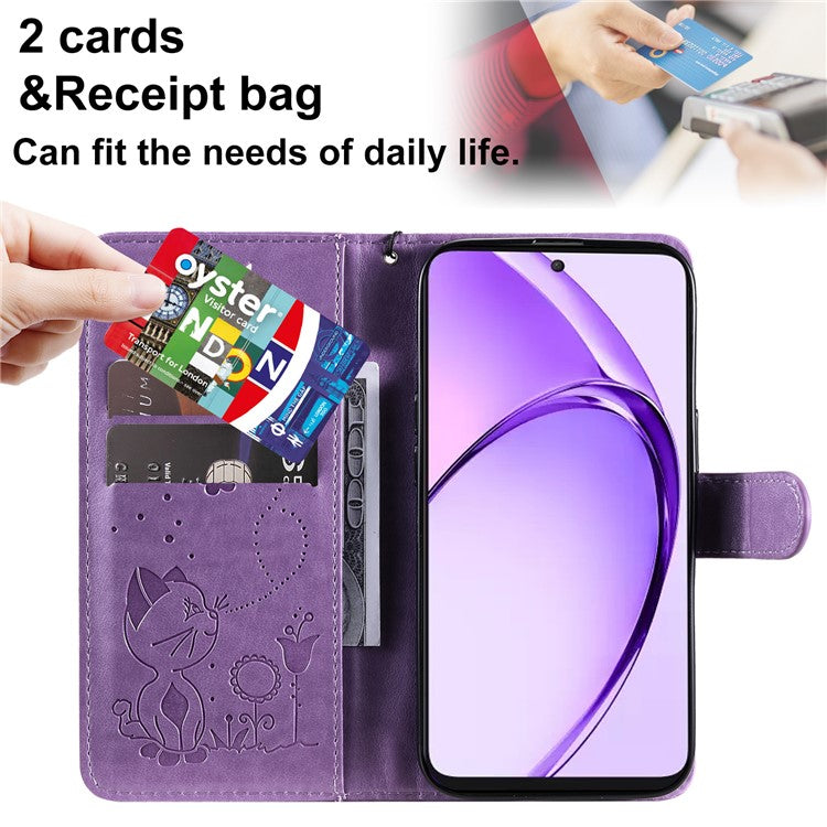 KT Imprinting Flower Series-4 For Oppo A3 Pro (Global) 5G Case Cat Bee Pattern Flip Leather Phone Cover - Light Purple