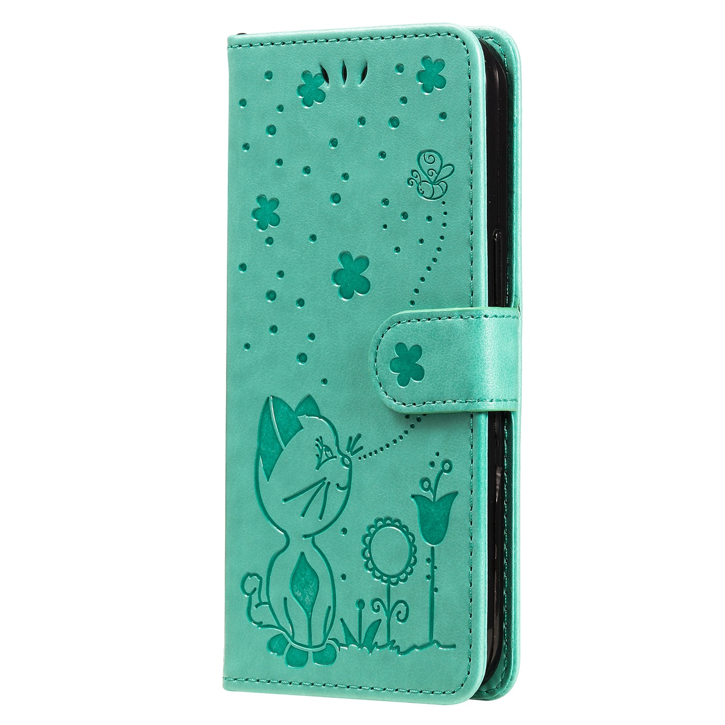 KT Imprinting Flower Series-4 For Samsung Galaxy A06 Case Cat Bee Pattern Flip Leather Phone Cover - Green