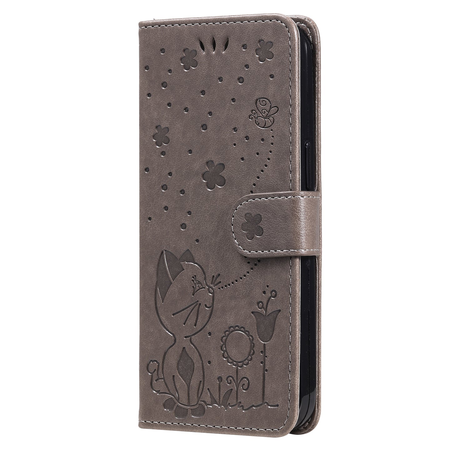 KT Imprinting Flower Series-4 For Samsung Galaxy A06 Case Cat Bee Pattern Flip Leather Phone Cover - Grey