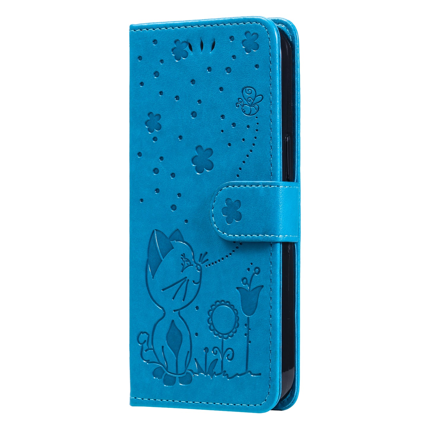 KT Imprinting Flower Series-4 For Samsung Galaxy A06 Case Cat Bee Pattern Flip Leather Phone Cover - Dark Blue