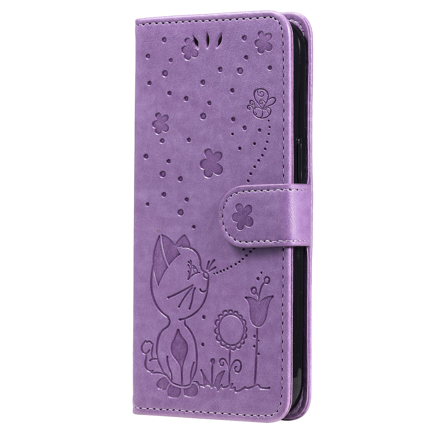 KT Imprinting Flower Series-4 For Samsung Galaxy A06 Case Cat Bee Pattern Flip Leather Phone Cover - Light Purple
