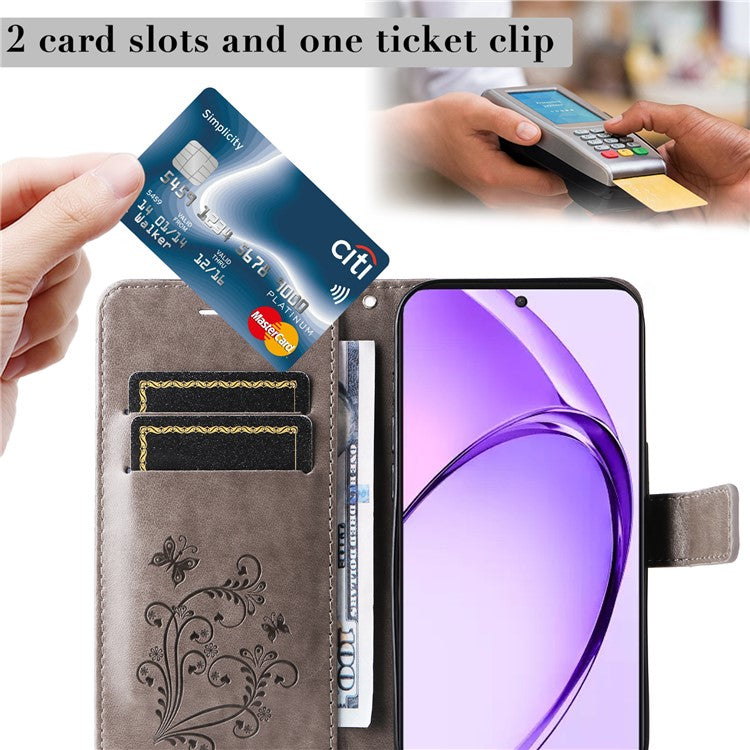 KT Imprinting Flower Series-2 For Oppo A3 Pro (Global) 5G Case Floral Butterfly Leather Wallet Phone Cover - Grey