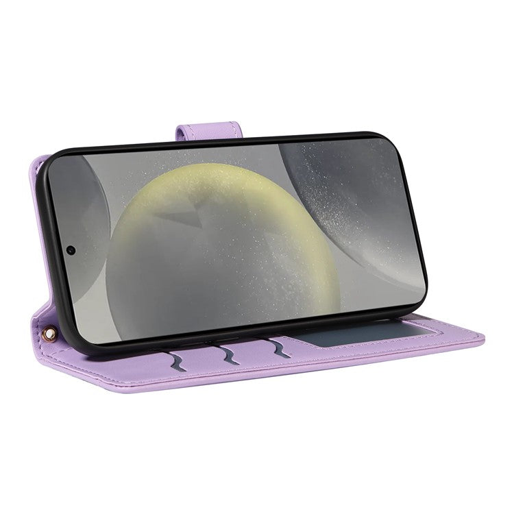 For Samsung Galaxy S24 Case Wallet Rhombus Leather Phone Cover with Shoulder Strap, Wrist Strap - Light Purple