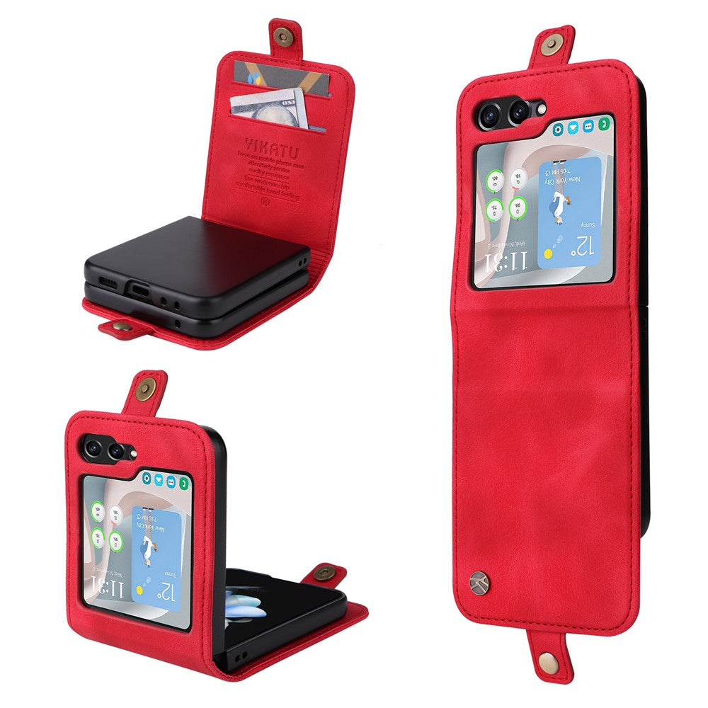 YIKATU YK-002 For Samsung Galaxy Z Flip7 FE 5G / Z Flip6 5G Case PU Leather Card Holder Phone Cover - Red