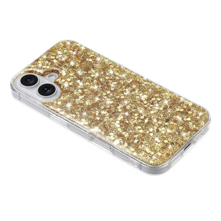 For iPhone 16 Plus Case TPU Drop Protection Epoxy Glittery Sequins Phone Cover - Gold
