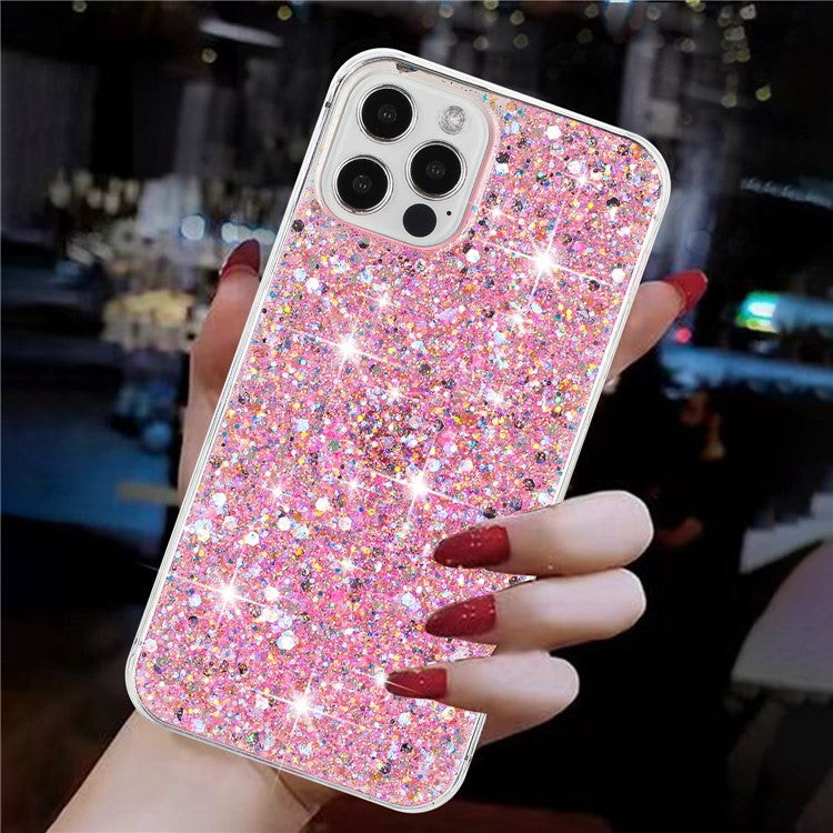 For iPhone 16 Pro Case TPU Drop Protection Epoxy Glittery Sequins Phone Cover - Pink