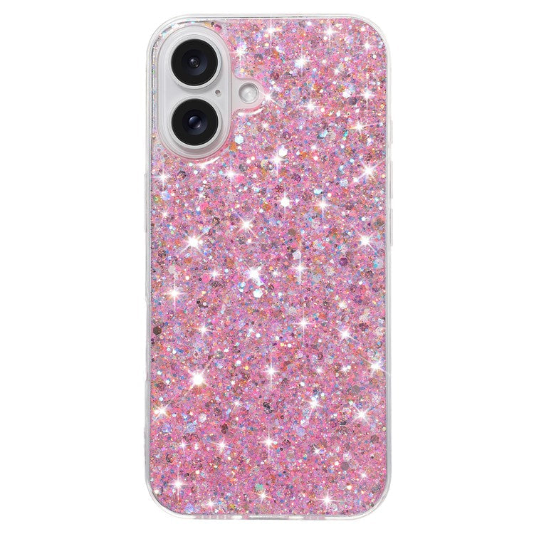 For iPhone 16 Case TPU Drop Protection Epoxy Glittery Sequins Phone Cover - Pink