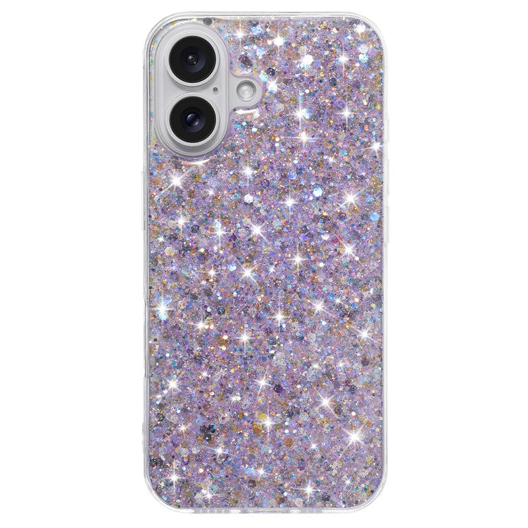 For iPhone 16 Case TPU Drop Protection Epoxy Glittery Sequins Phone Cover - Purple
