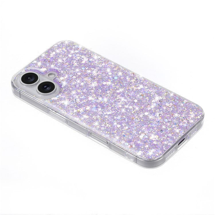 For iPhone 16 Case TPU Drop Protection Epoxy Glittery Sequins Phone Cover - Purple
