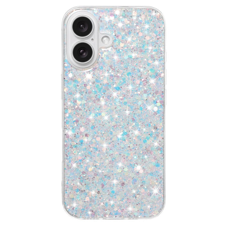 For iPhone 16 Case TPU Drop Protection Epoxy Glittery Sequins Phone Cover - White