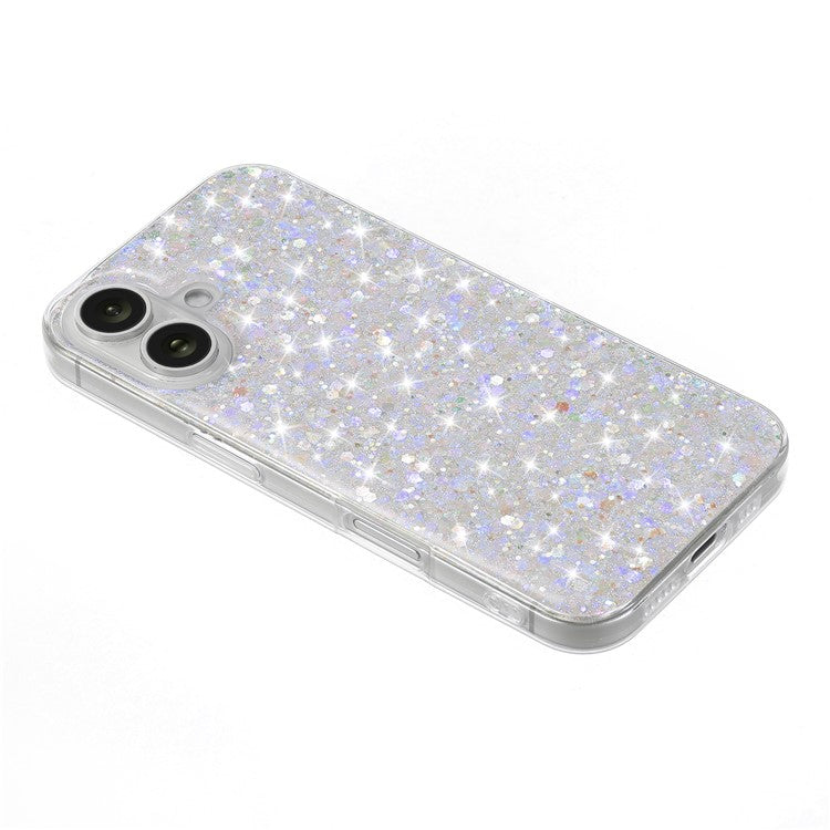 For iPhone 16 Case TPU Drop Protection Epoxy Glittery Sequins Phone Cover - White