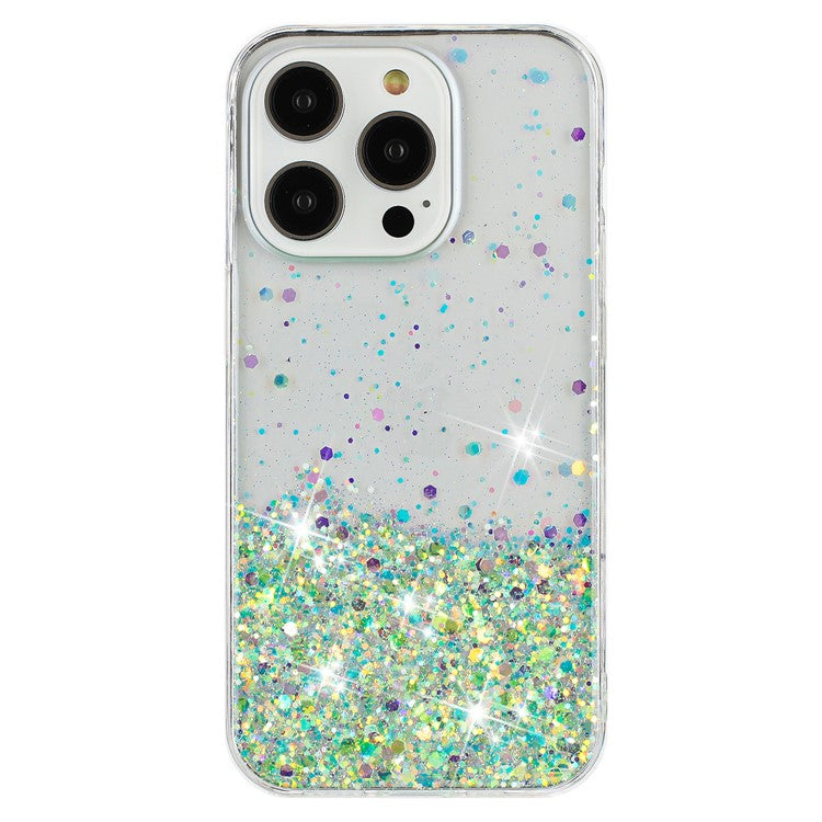 For iPhone 16 Pro Case Sparkle Sequins Luminous Epoxy TPU Phone Cover - Green