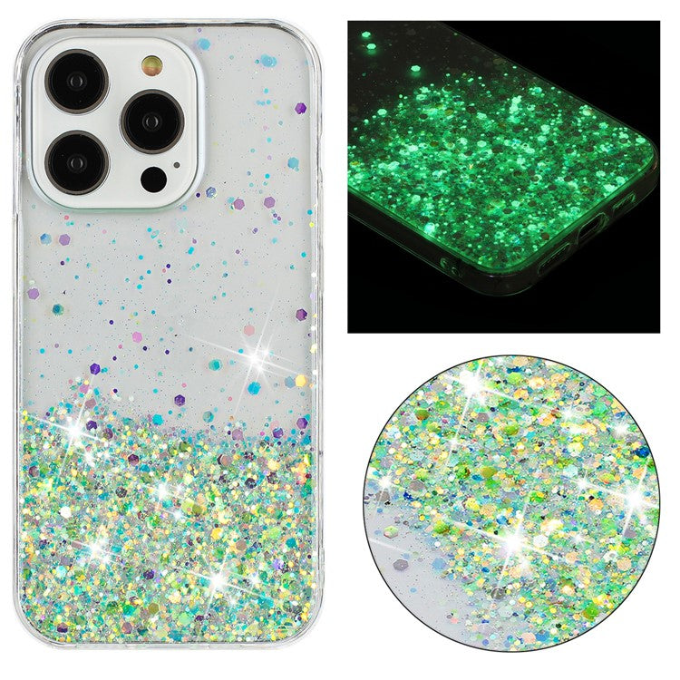 For iPhone 16 Pro Case Sparkle Sequins Luminous Epoxy TPU Phone Cover - Green