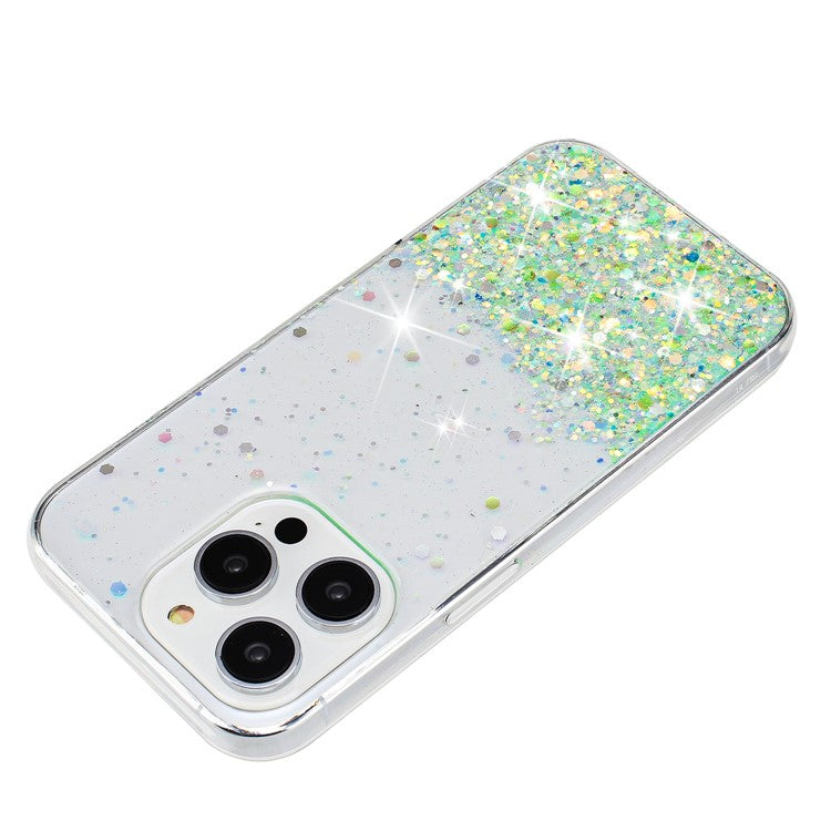 For iPhone 16 Pro Case Sparkle Sequins Luminous Epoxy TPU Phone Cover - Green