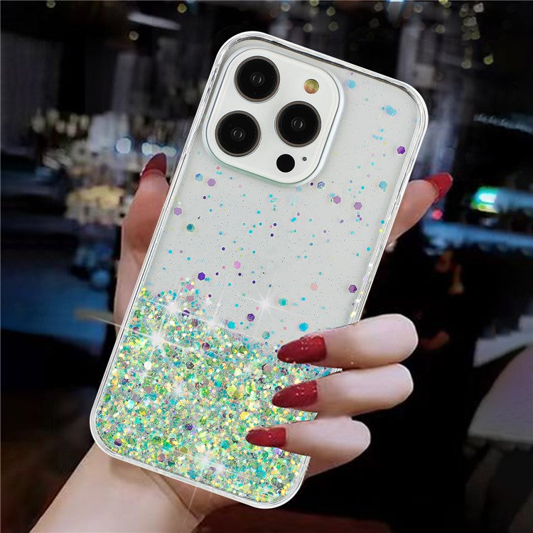 For iPhone 16 Pro Case Sparkle Sequins Luminous Epoxy TPU Phone Cover - Green