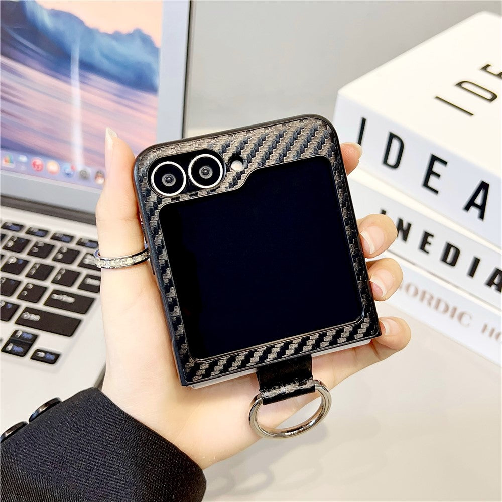 For Samsung Galaxy Z Flip7 FE 5G / Z Flip6 5G Case Ring Holder Hard PC Protective Phone Cover - Carbon Fiber Texture