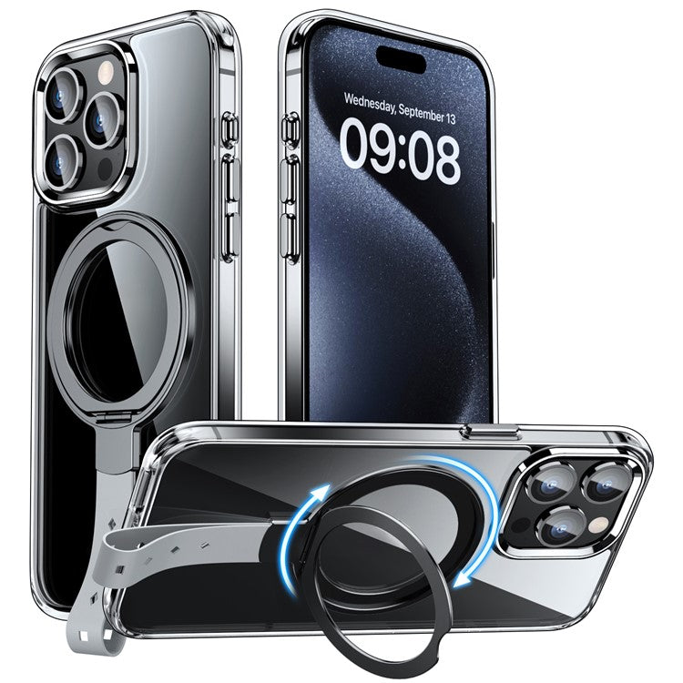 For iPhone 16 Pro Case Magnetic Rotatable Kickstand Hard PC Phone Cover - Transparent Black / Grey Rope