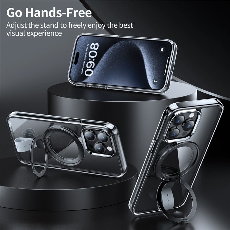 For iPhone 16 Pro Case Magnetic Rotatable Kickstand Hard PC Phone Cover - Transparent Black / Grey Rope