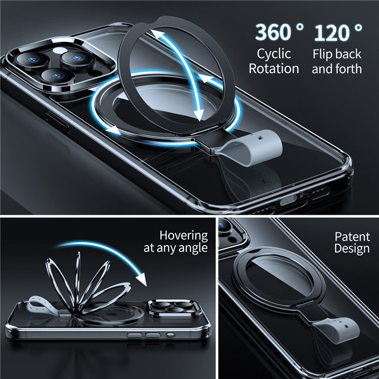 For iPhone 16 Pro Case Magnetic Rotatable Kickstand Hard PC Phone Cover - Transparent Black / Grey Rope