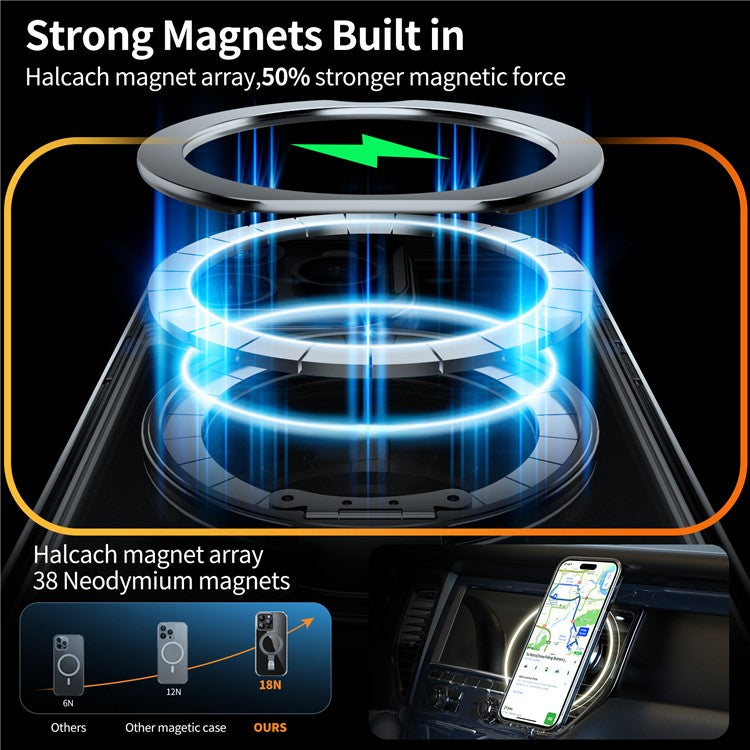 For iPhone 16 Pro Case Magnetic Rotatable Kickstand Hard PC Phone Cover - Transparent Black / Grey Rope