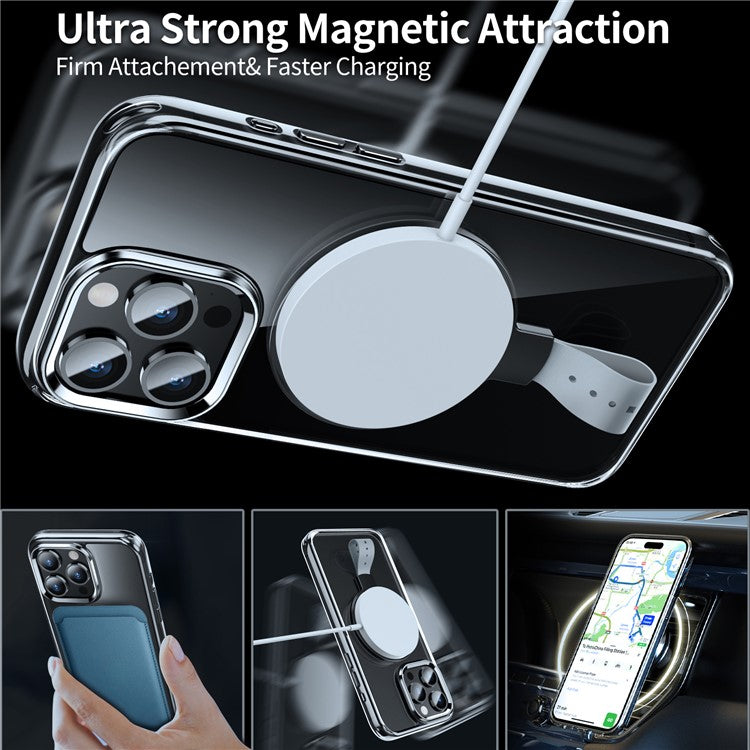For iPhone 16 Pro Case Magnetic Rotatable Kickstand Hard PC Phone Cover - Transparent Black / Grey Rope
