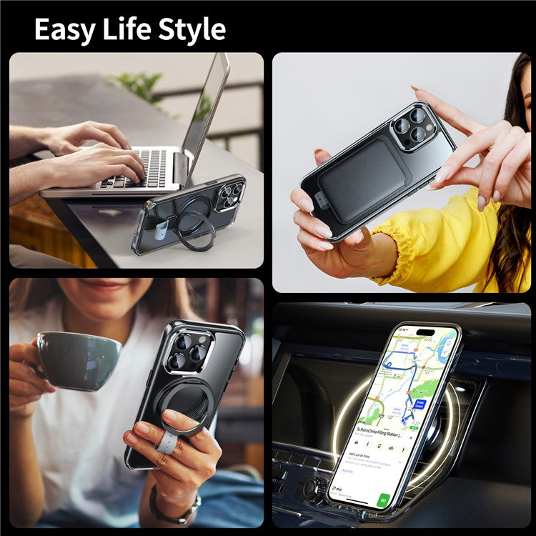 For iPhone 16 Pro Case Magnetic Rotatable Kickstand Hard PC Phone Cover - Transparent Black / Grey Rope