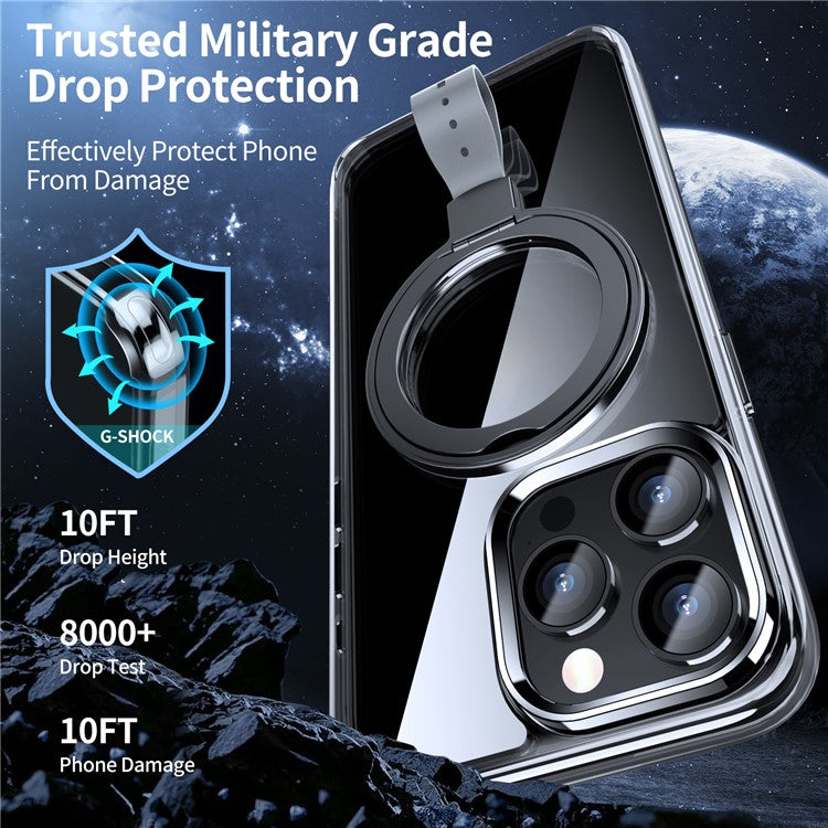 For iPhone 16 Pro Case Magnetic Rotatable Kickstand Hard PC Phone Cover - Transparent Black / Grey Rope