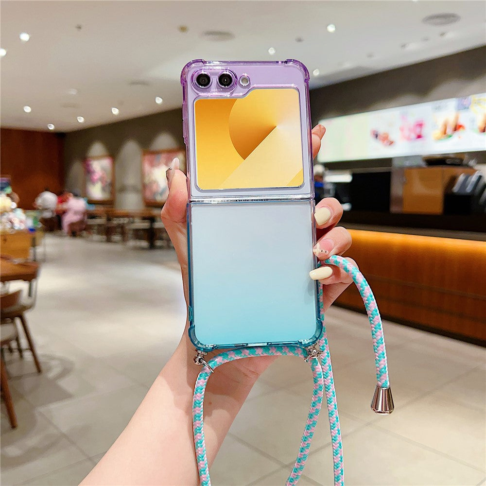 For Samsung Galaxy Z Flip7 FE 5G / Z Flip6 5G Case Gradient Color TPU Phone Cover with Lanyard - Purple+Blue