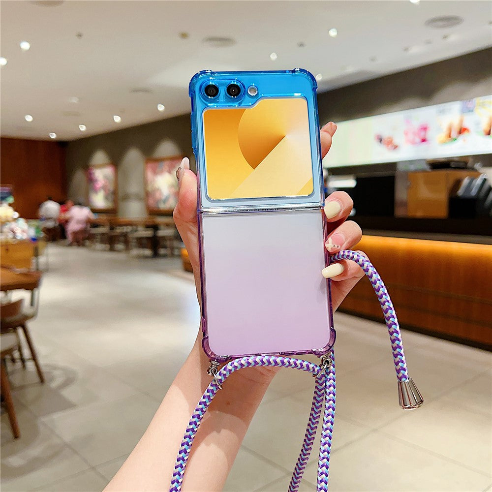 For Samsung Galaxy Z Flip7 FE 5G / Z Flip6 5G Case Gradient Color TPU Phone Cover with Lanyard - Blue+Purple