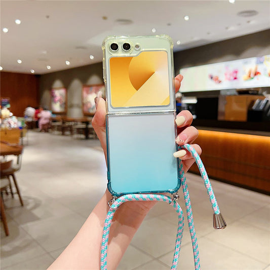 For Samsung Galaxy Z Flip7 FE 5G / Z Flip6 5G Case Gradient Color TPU Phone Cover with Lanyard - Yellow+Blue