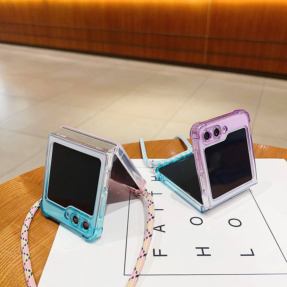 For Samsung Galaxy Z Flip7 FE 5G / Z Flip6 5G Case Gradient Color TPU Phone Cover with Lanyard - Yellow+Blue
