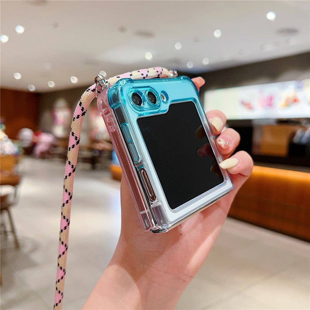 For Samsung Galaxy Z Flip7 FE 5G / Z Flip6 5G Case Gradient Color TPU Phone Cover with Lanyard - Yellow+Blue