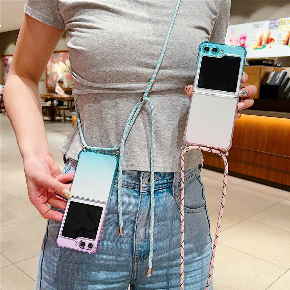 For Samsung Galaxy Z Flip7 FE 5G / Z Flip6 5G Case Gradient Color TPU Phone Cover with Lanyard - Yellow+Blue