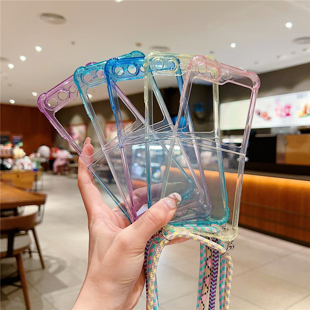 For Samsung Galaxy Z Flip7 FE 5G / Z Flip6 5G Case Gradient Color TPU Phone Cover with Lanyard - Yellow+Blue