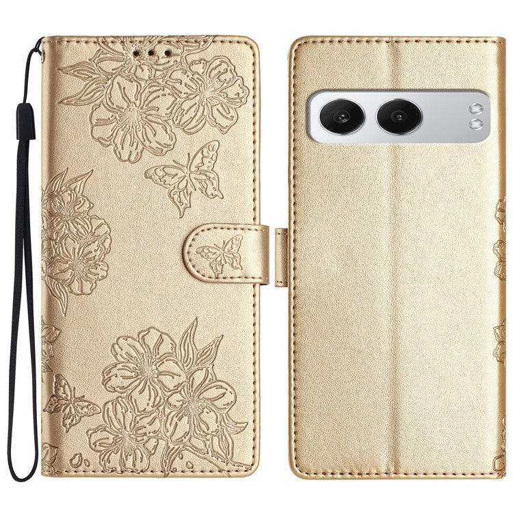 For OnePlus Nord 4 Case Butterfly Flower Drop-Proof PU Leather Wallet Phone Cover - Gold