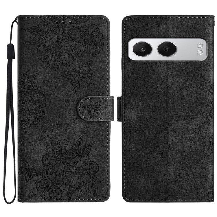 For OnePlus Nord 4 Case Butterfly Flower Pattern Skin-Touch Leather Phone Cover - Black