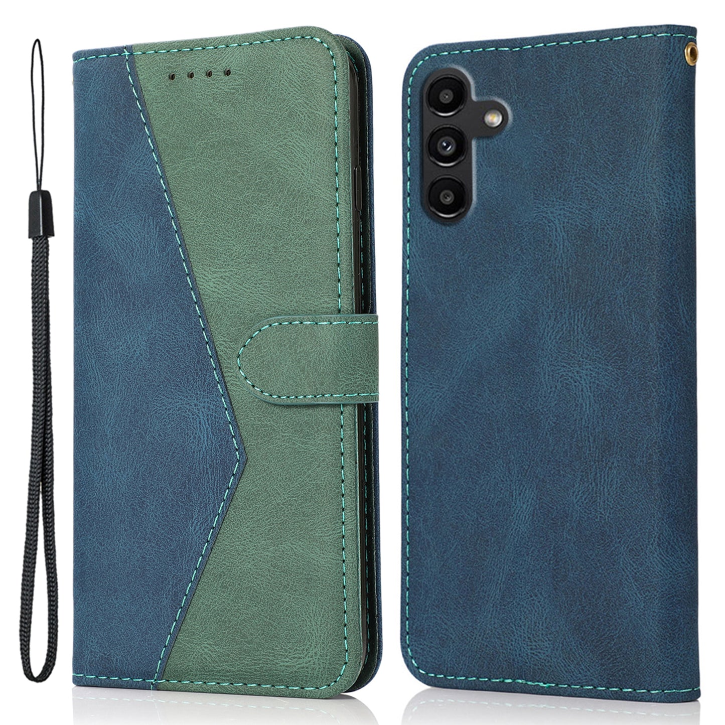 For Samsung Galaxy A16 5G / A16 4G Cover Color Splicing Wallet Stand Leather Phone Case with Wrist Strap - Blue+Green