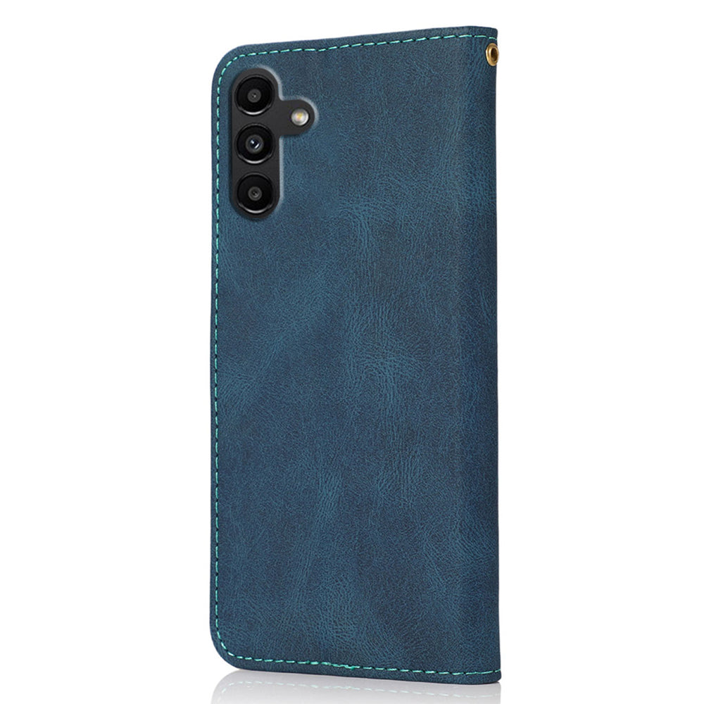 For Samsung Galaxy A16 5G / A16 4G Cover Color Splicing Wallet Stand Leather Phone Case with Wrist Strap - Blue+Green