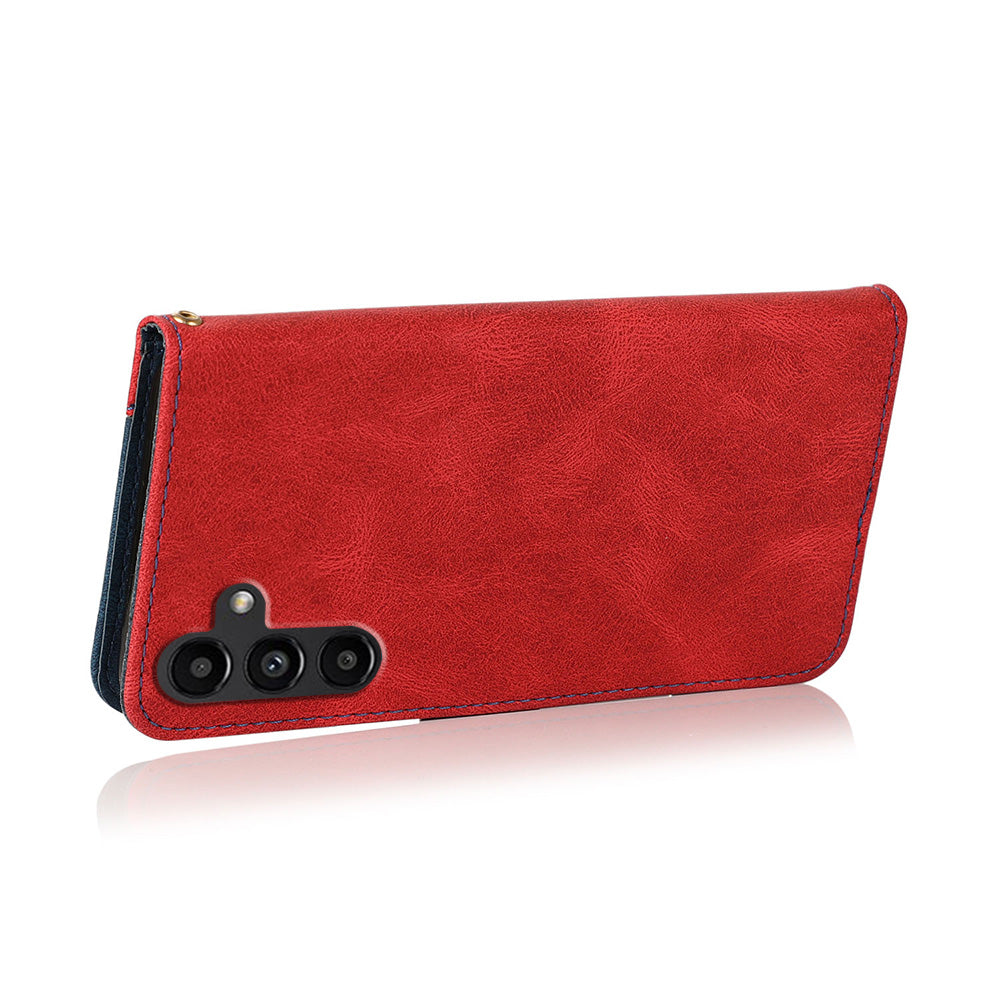 For Samsung Galaxy A16 5G / A16 4G Cover Color Splicing Wallet Stand Leather Phone Case with Wrist Strap - Red+Blue