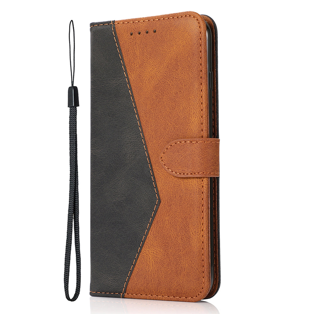 For Samsung Galaxy A16 5G / A16 4G Cover Color Splicing Wallet Stand Leather Phone Case with Wrist Strap - Black+Brown