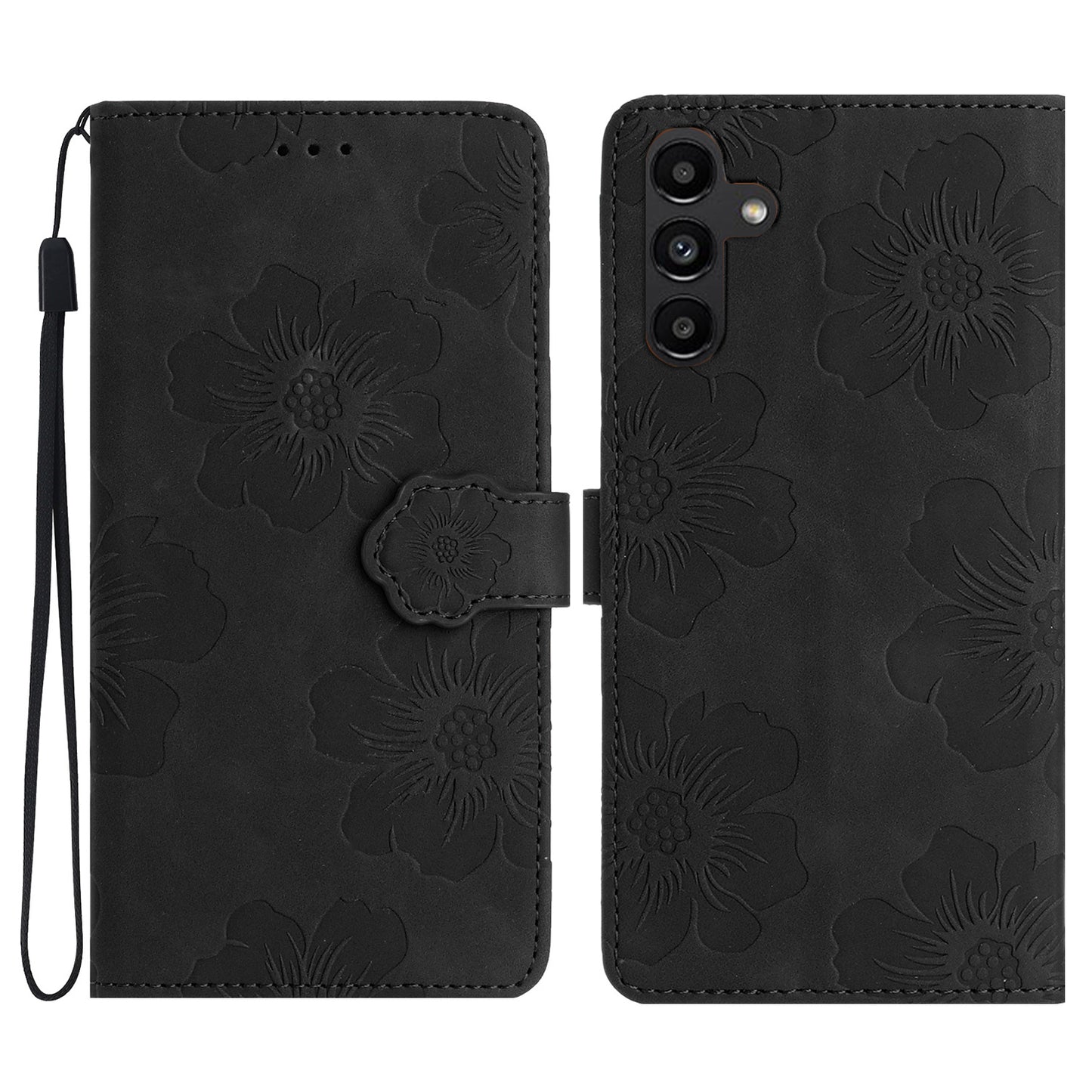 For Samsung Galaxy A16 5G / A16 4G Case Flower Design Leather Wallet Phone Cover with Wrist Strap - Black