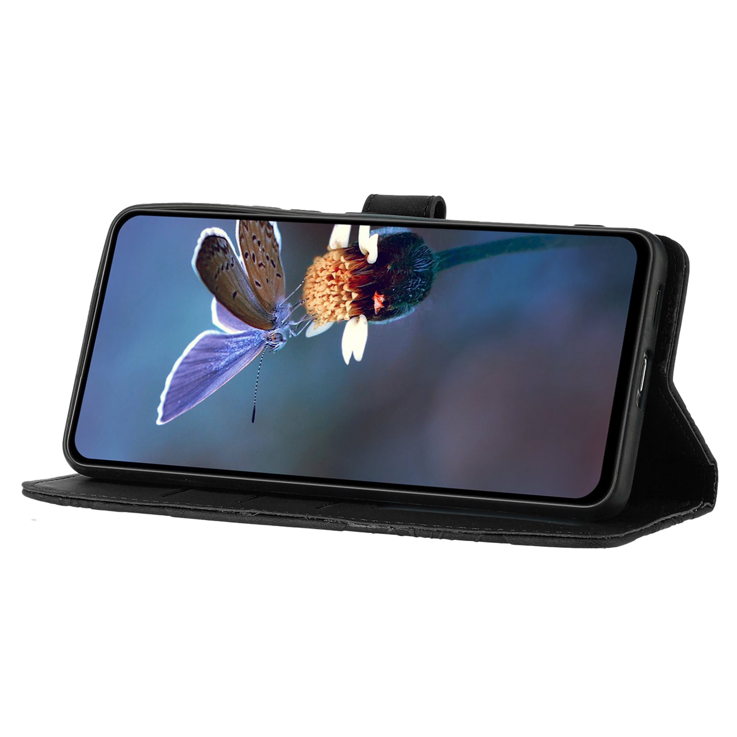 For Samsung Galaxy A16 5G / A16 4G Case Flower Design Leather Wallet Phone Cover with Wrist Strap - Black