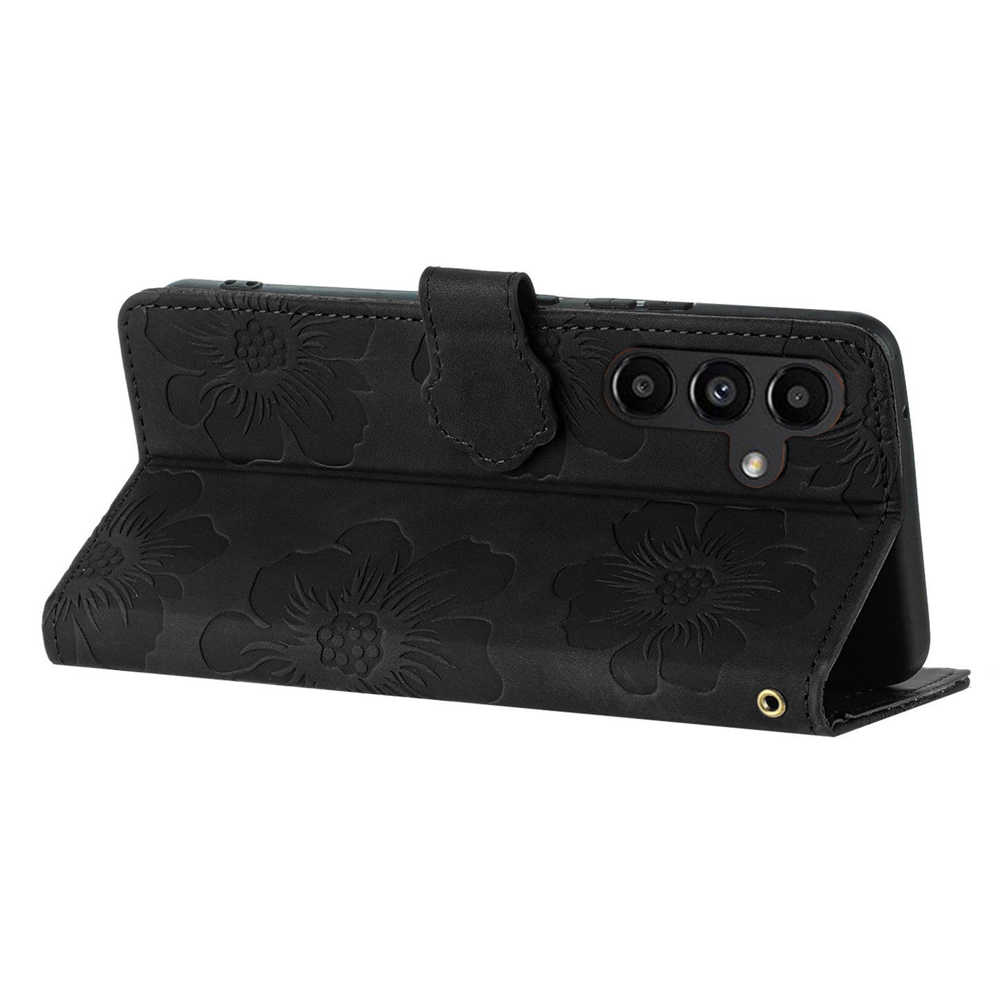 For Samsung Galaxy A16 5G / A16 4G Case Flower Design Leather Wallet Phone Cover with Wrist Strap - Black