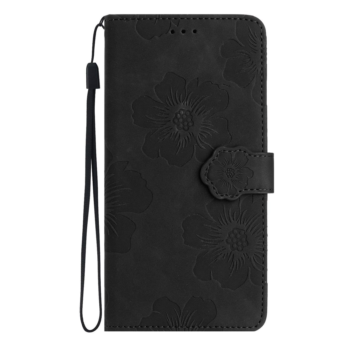 For Samsung Galaxy A16 5G / A16 4G Case Flower Design Leather Wallet Phone Cover with Wrist Strap - Black
