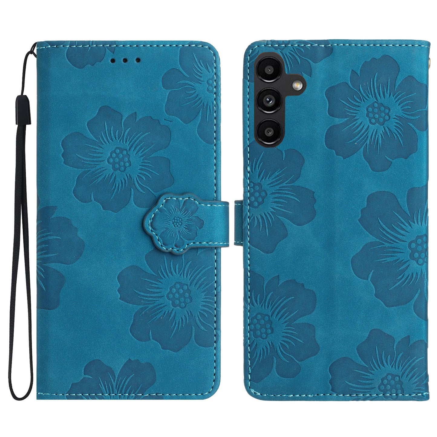 For Samsung Galaxy A16 5G / A16 4G Case Flower Design Leather Wallet Phone Cover with Wrist Strap - Blue